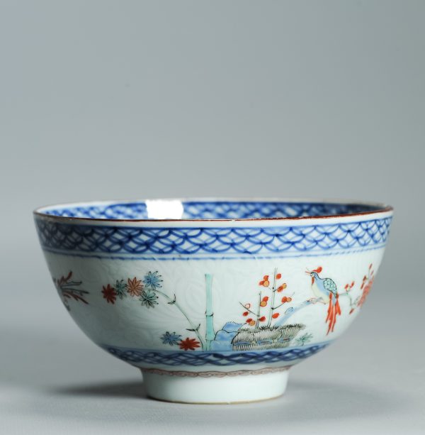 1529 Antique Chinese Porcelain Kangxi/Yongzheng Anhua Carved Bowl with added Dutch Kakiemon Japanese Decoration - Image 3