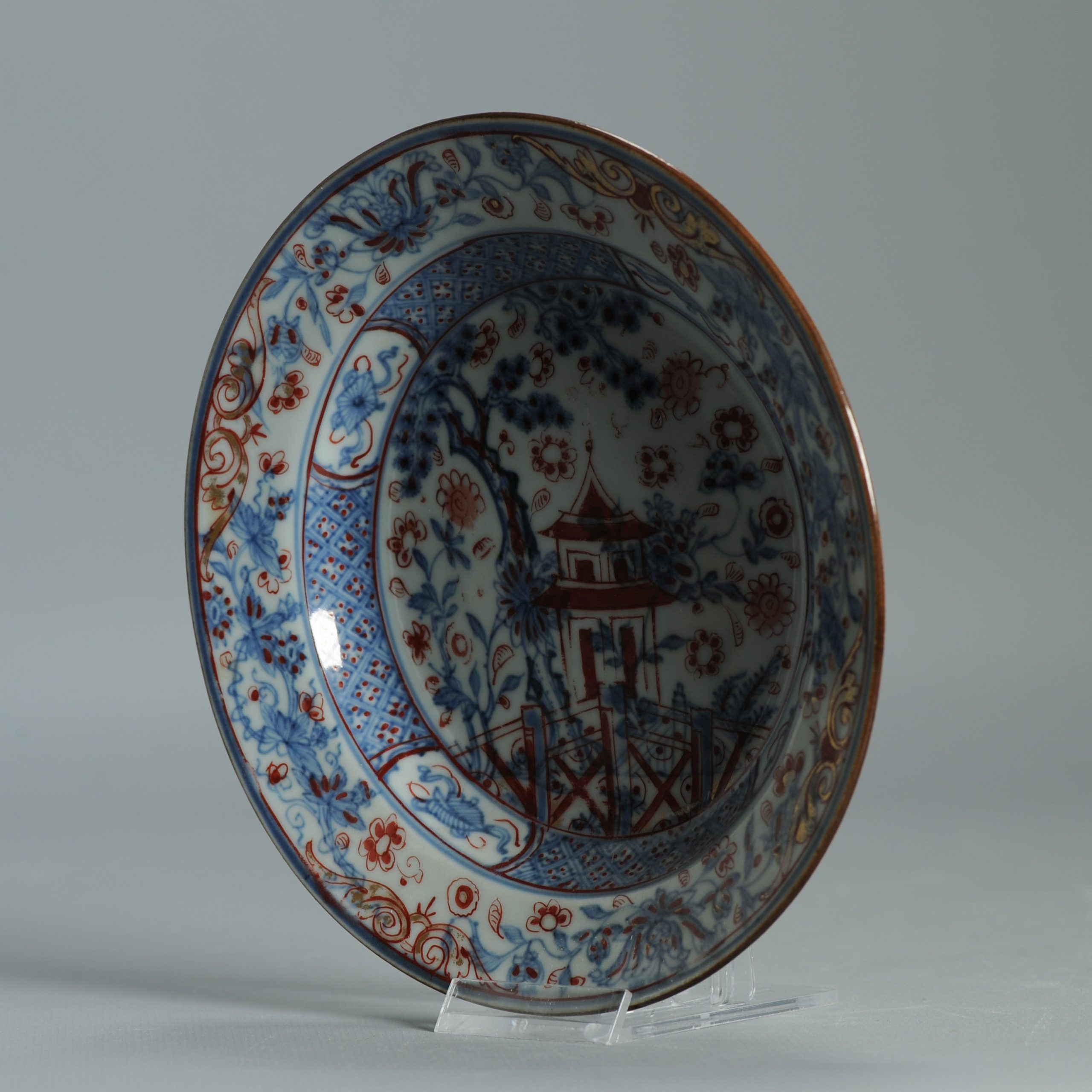 1548 Antique Kangxi/Yongzheng Dish Scene with Trees European Redecoration - Image 13