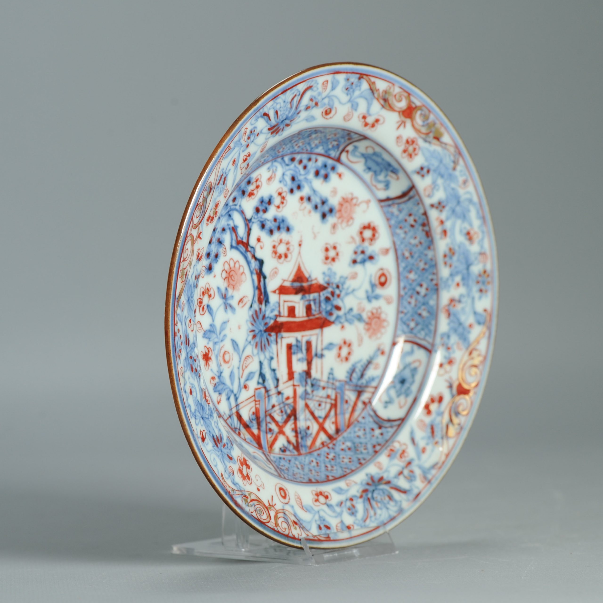 1548 Antique Kangxi/Yongzheng Dish Scene with Trees European Redecoration - Image 4