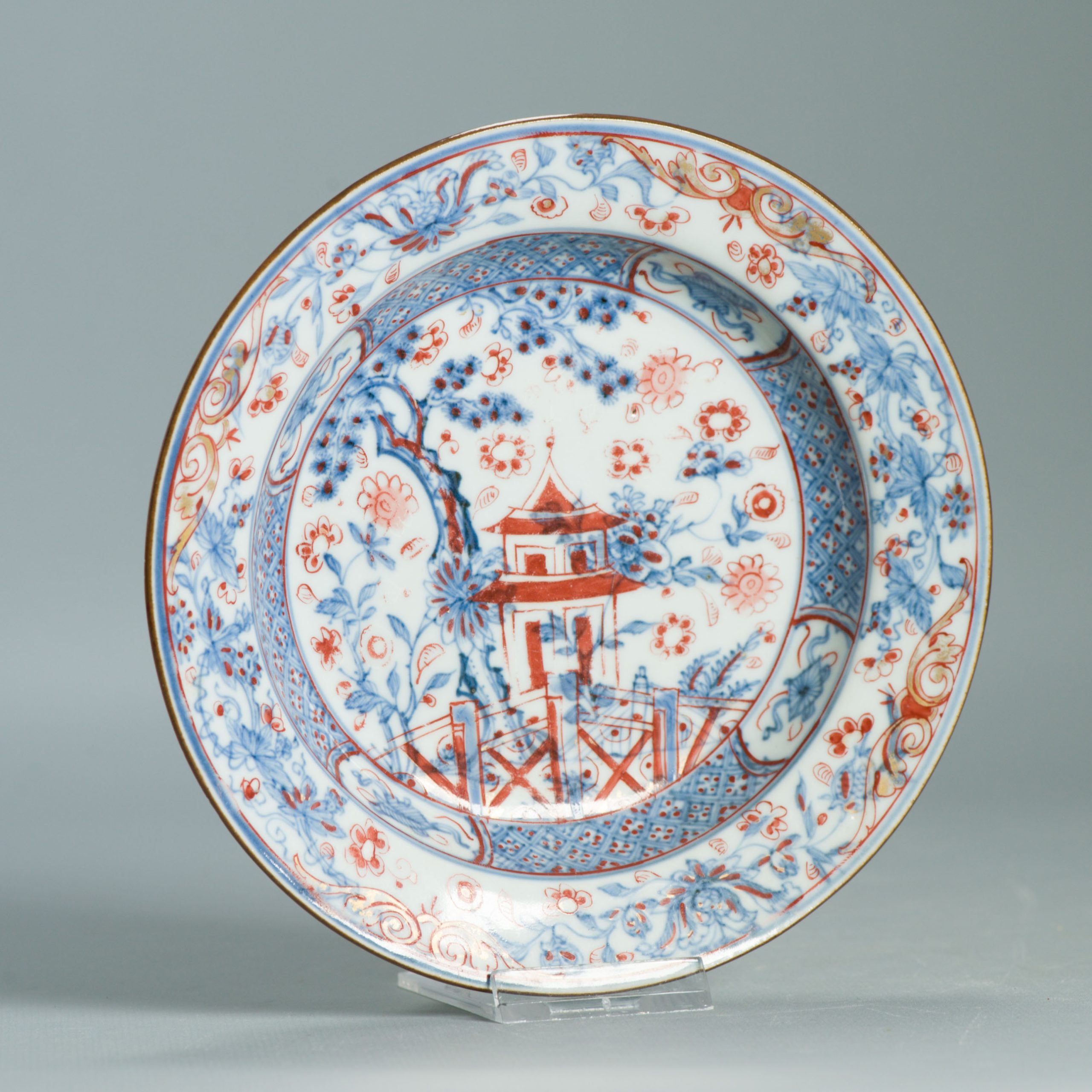 1548 Antique Kangxi/Yongzheng Dish Scene with Trees European Redecoration - Image 3