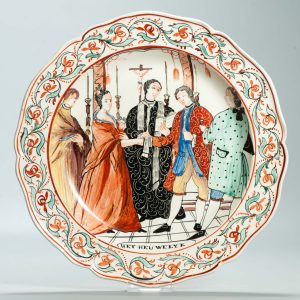 1560 Antique English Creamware Dish Decorated in Holland "Het Huewelijk"