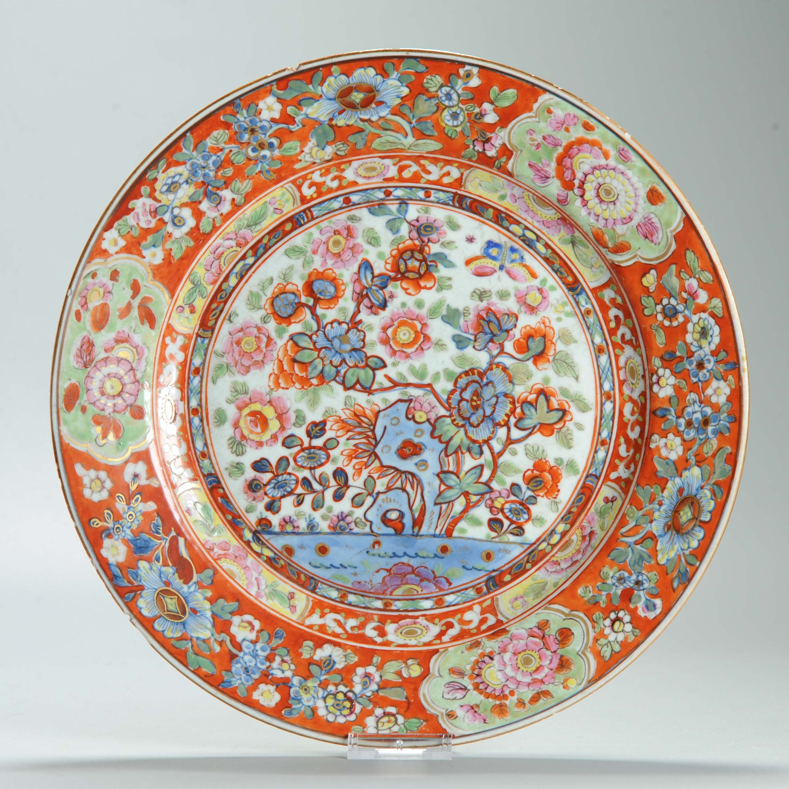 1601 Antique Blue and White 1730s plate with ca 1800 English Regency / George the IV 19th c redecoration