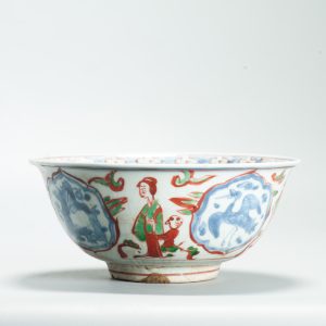 1646 Antique 1500s Blue and White Wucai Decorated Bowl With Green