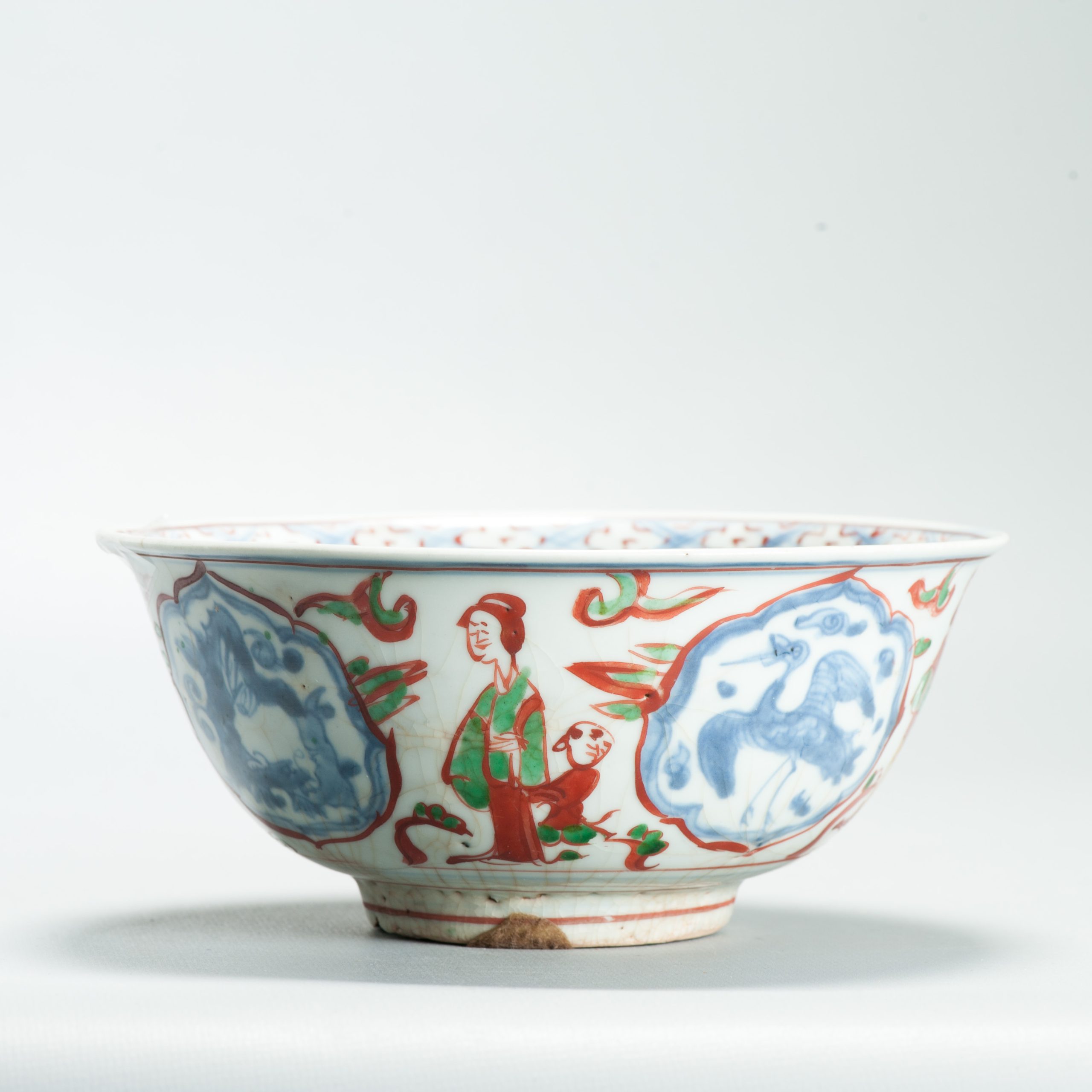 1646 Antique 1500s Blue and White Wucai Decorated Bowl With Green