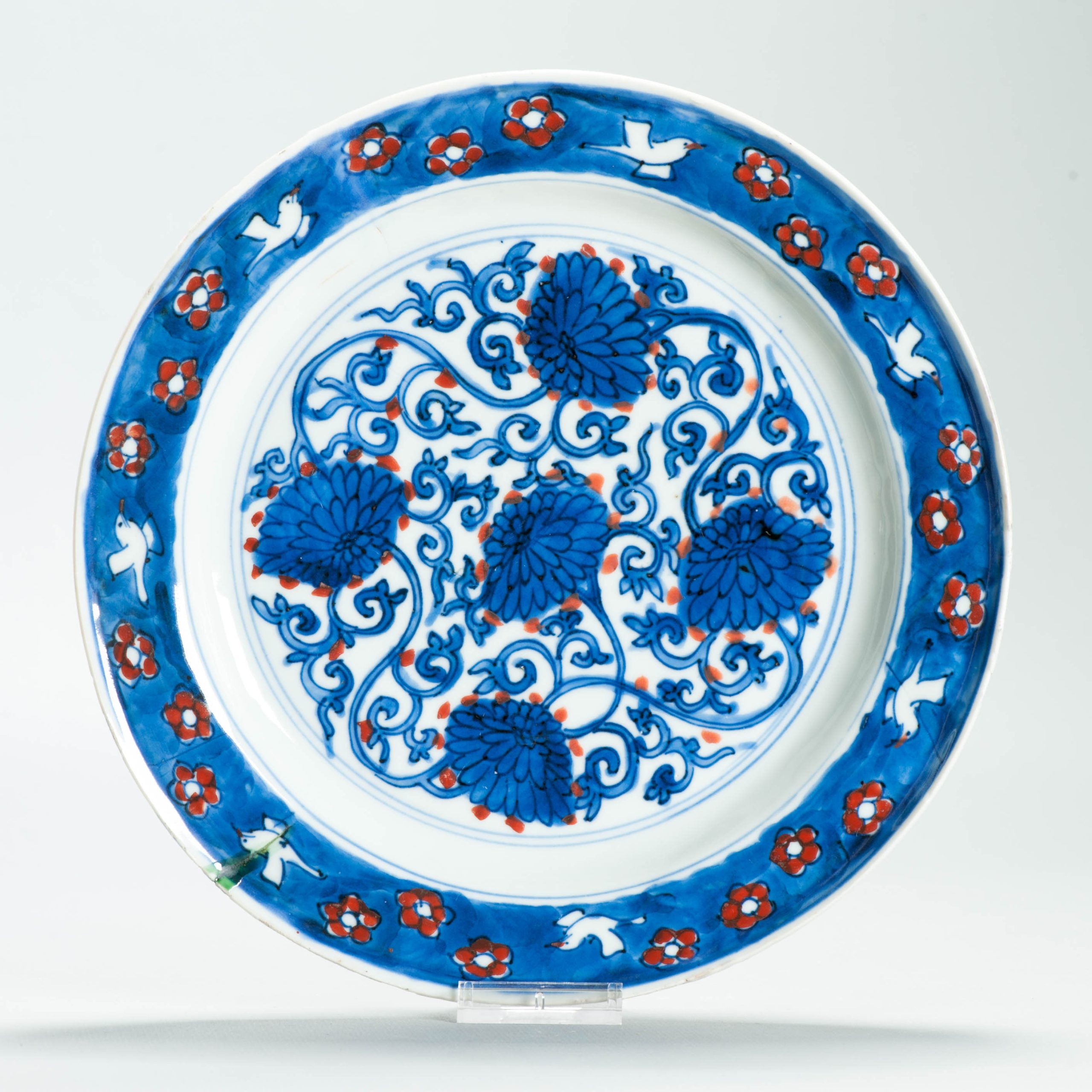 1647 Antique 1500s Blue and White Wucai Decorated Bowl With Green