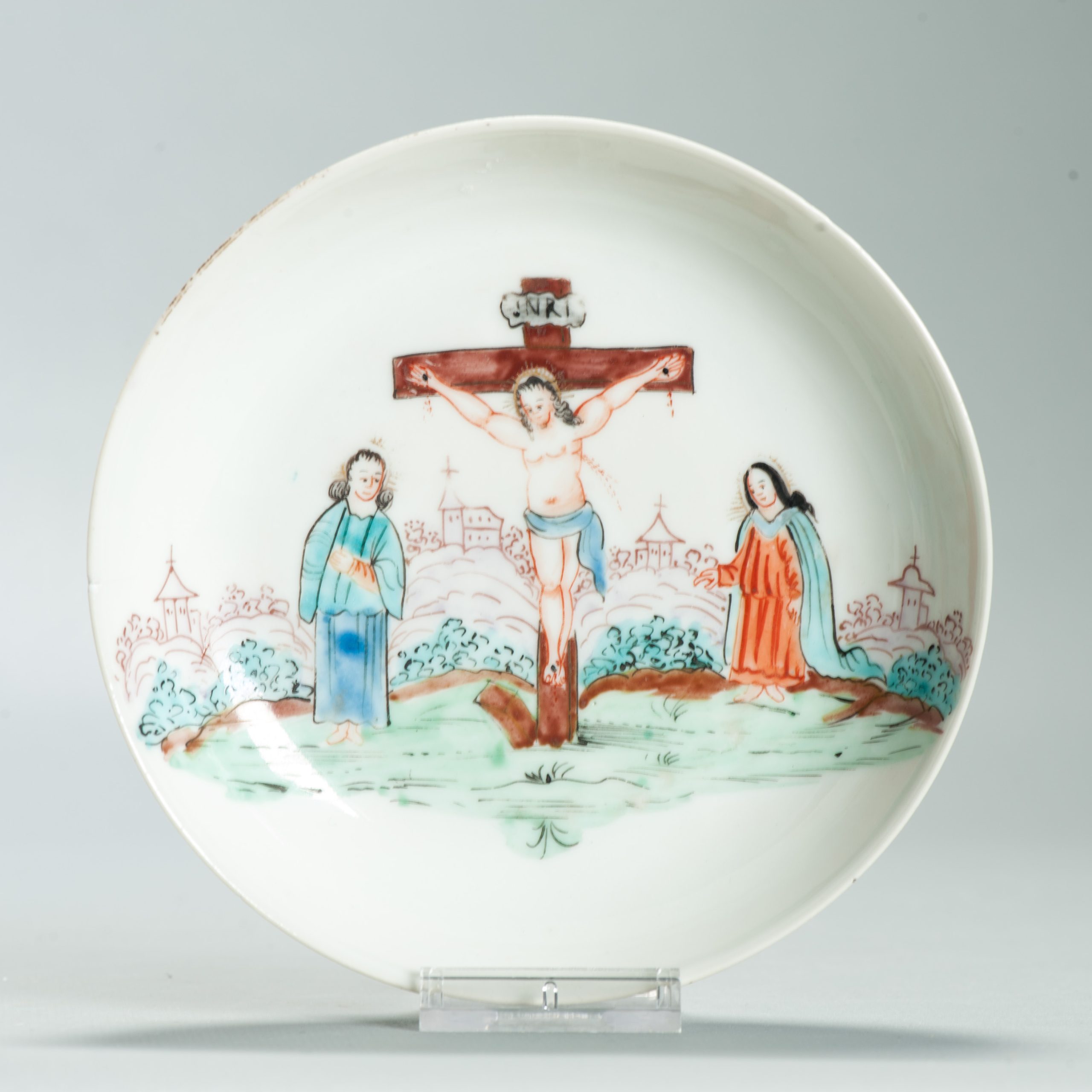 1639 Antique Chinese Lovely and very rare Amsterdam Bont tea bowl and saucer showing the cruxifiction of Jesus Christ.