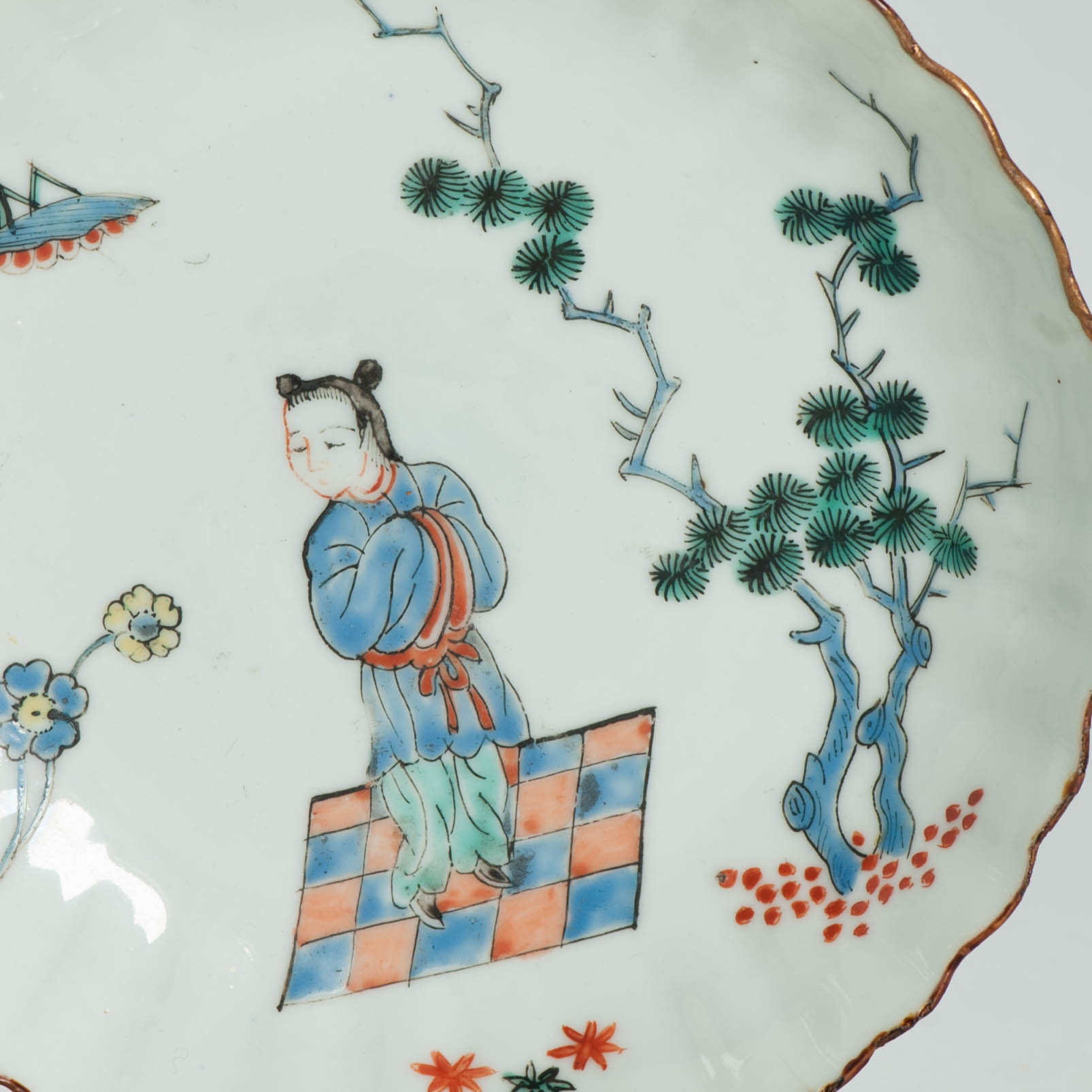 1681 A Chinese Porcelain Kakiemon Style Amsterdam Bont Plate with Figure and Cricket - Image 4