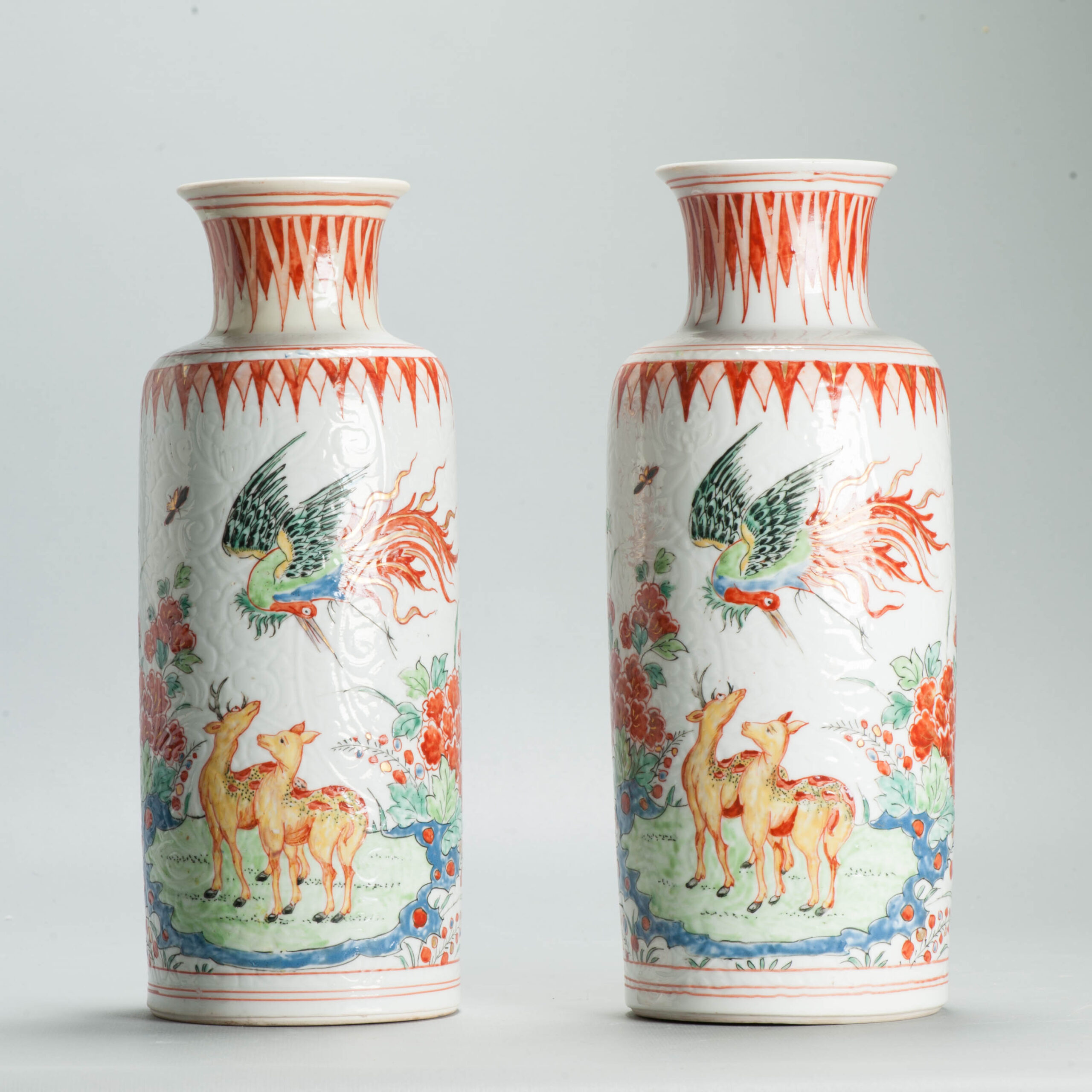 1704 & 1705 A Very Rare Kangxi Pair of Chinese Anhua decorated rollwagons vases with added Amsterdam Bont decoration