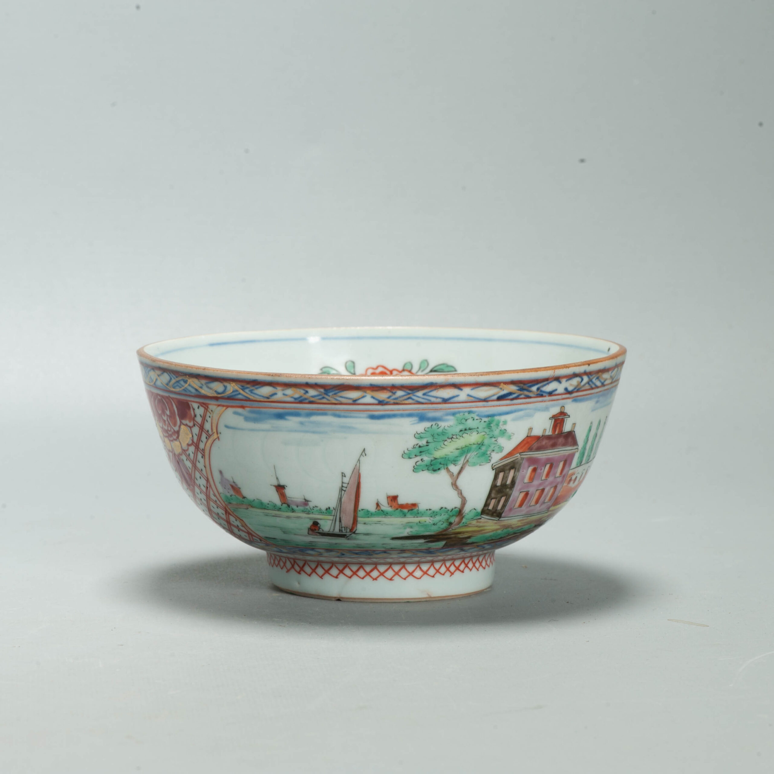 1713 Antique Dutch-decorated Chinese Landscape Topography Bowl, circa 1730-1740